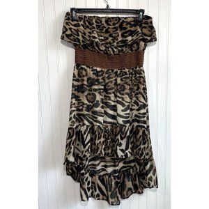 Cherry Krave Dress Womens Large Animal Print Strapless Hi Lo Dress Ruffle Hems‎